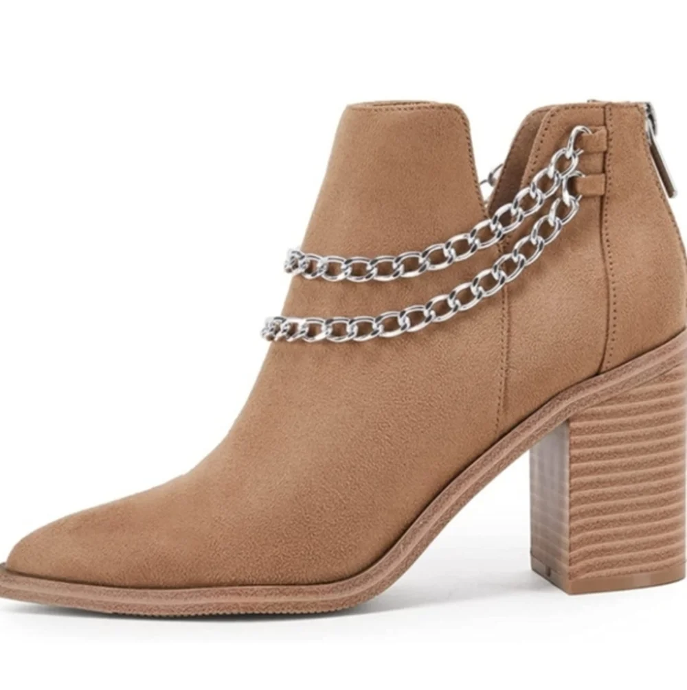 PiePieBuy Suede Chain Ankle Boots | Block Heel Tan Booties | Size 9 BNIB